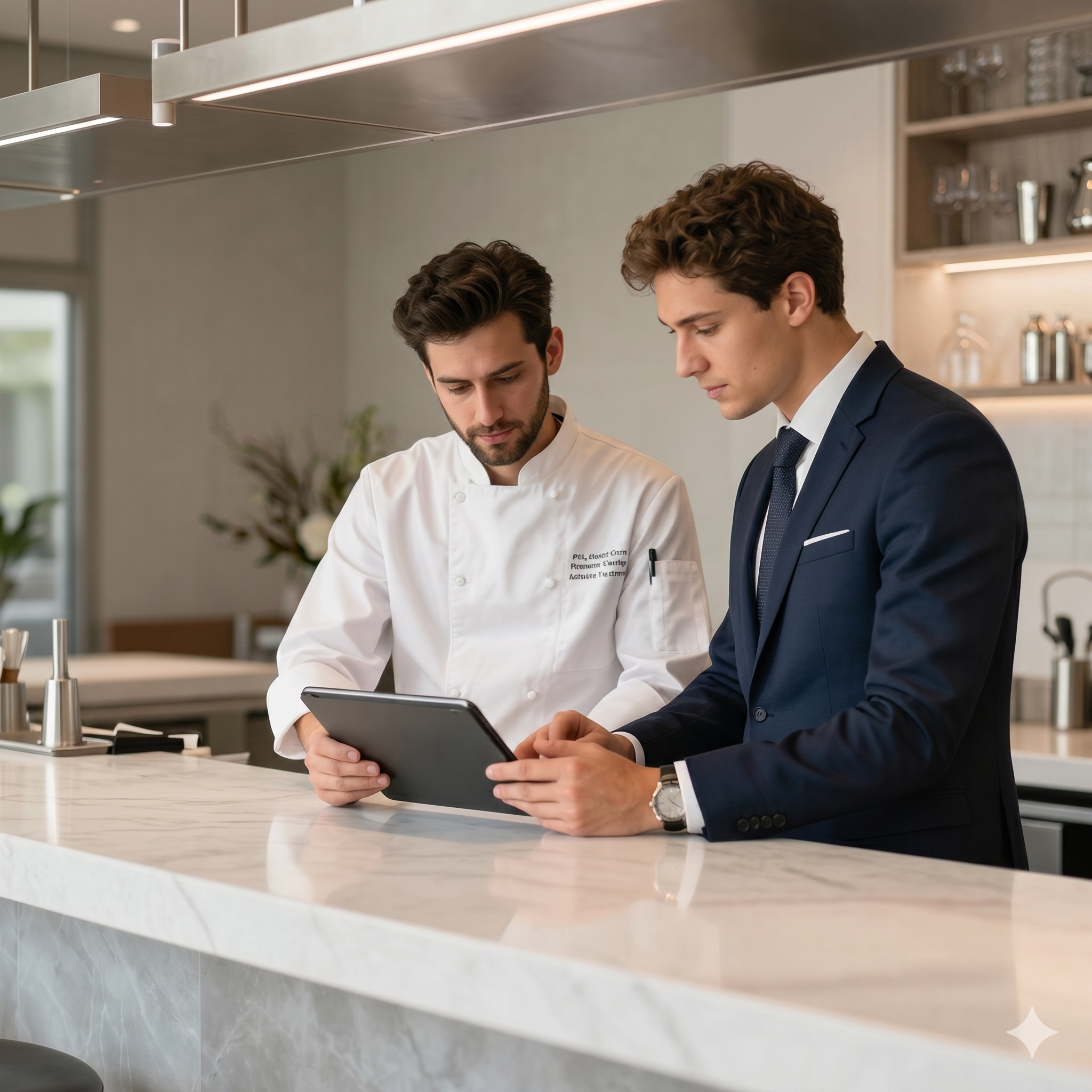 Chef standing with arms crossed in a professional kitchen